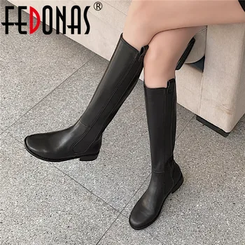 

FEDONAS Metal Rivets Tight High Boots For Women Genuine Leather Low Heels Shoes Woman Winter Newest Working Knee High Boots