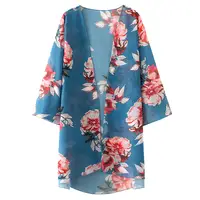 Новое поступление, летний солнцезащитный кардиган, модный Zexxxy, женский летний цветочный узор, 3/4 рукав, открытое переднее кимоно, шифоновое