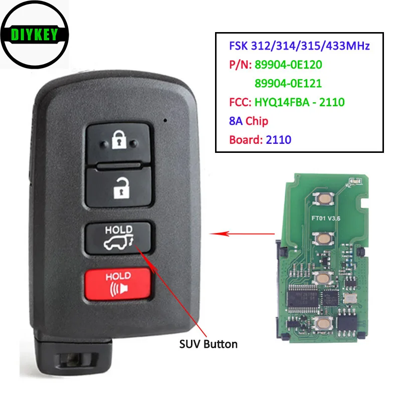 

DIYKEY доска 2110 смарт-ключ с 4 кнопками FSK 312/314/315/433 МГц 8A чип для Toyota Highlander Limited HYQ14FBA-2110, 89904-0E120(1)