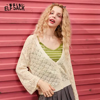 

ELFSACK White Solid Cut Out Single Button Knit Casual Cardigan Women Sweaters 2020 Spring Pure Long Sleeve Korean Ladies Top