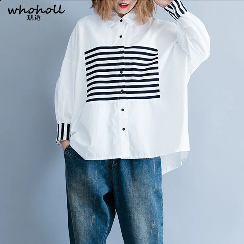 

Women Blouse Shirt Female Basic Tops Clothes Cotton Print Striped Patchwork Casual Loose Plus Size Cardigan 2018 Autumn