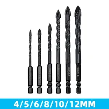 

6Pcs Cross Hex Tile Drill Bit Hole Opener Alloy Hex Shank Drill Bit Wood Metal Tile Glass Cross Spear Head Drill 4/5/6/8/10/12mm