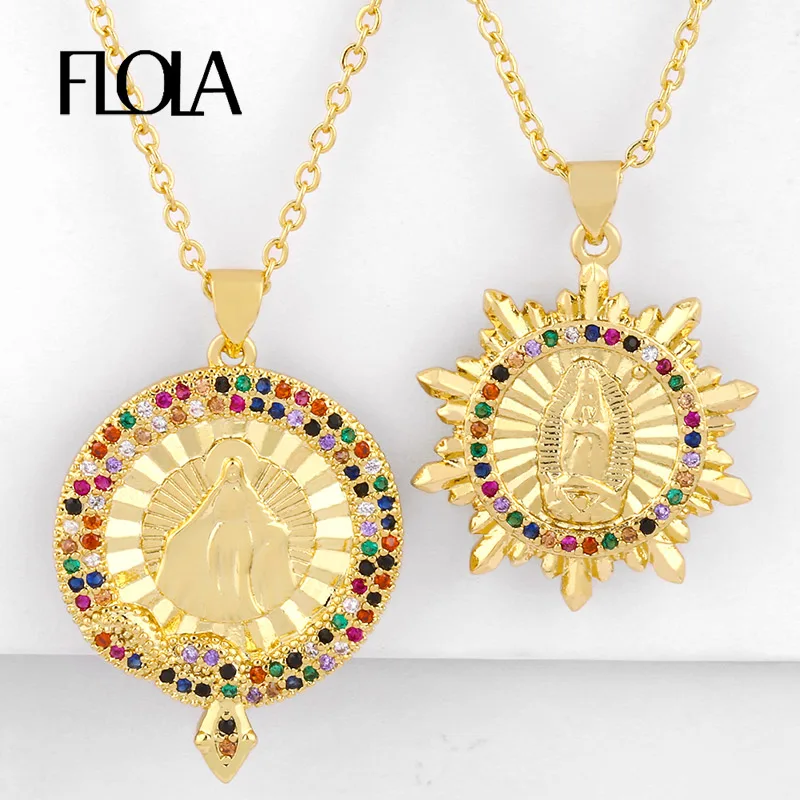 FLOLA CZ Золотая Дева Мария подвески для женщин многоцветные католические Подвески