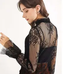 2018 Высокое качество Элегантный длинным рукавом бисером Для женщин кружевная блузка Рубашки вязаный крючком топы Blusas сетки шифон женский