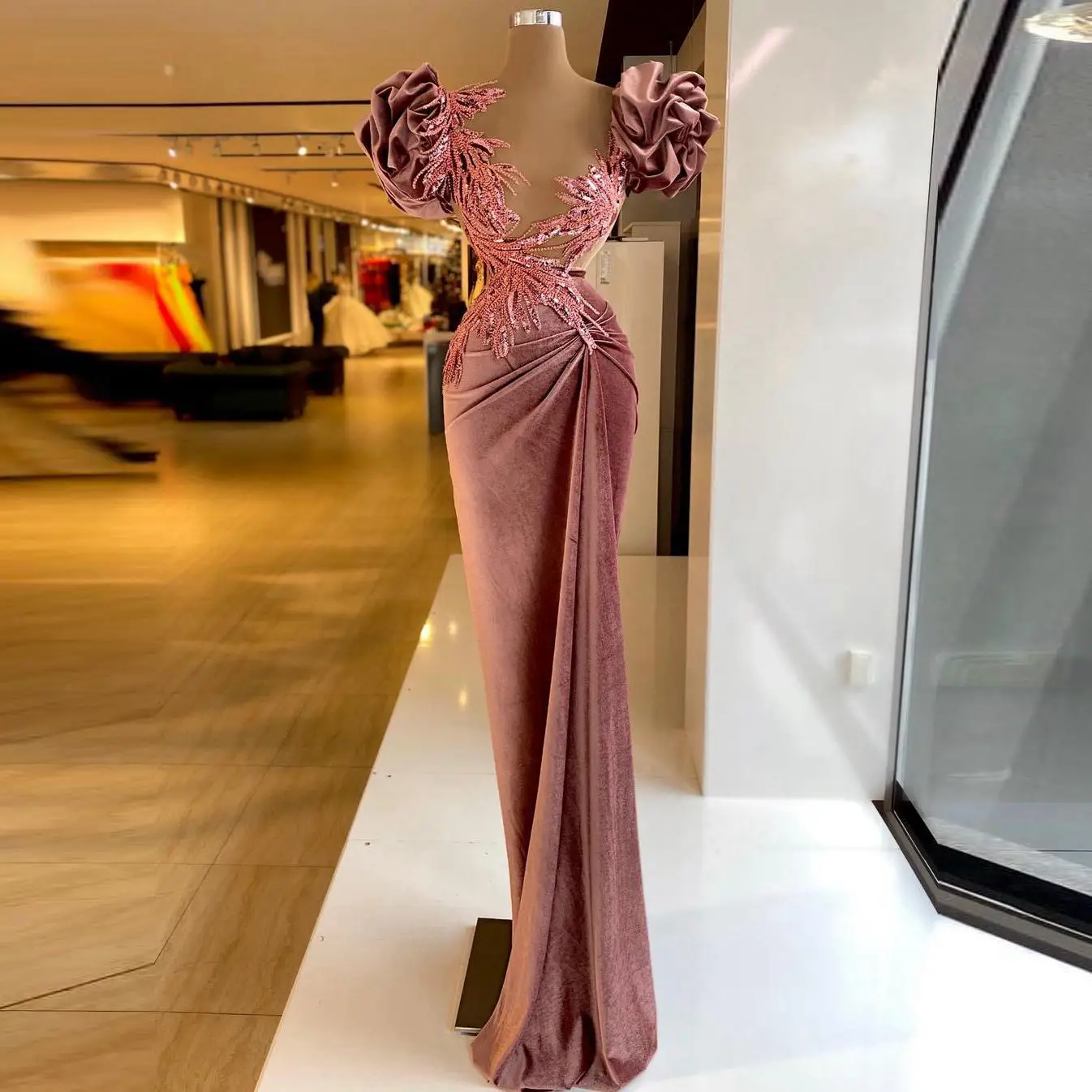 Dusty Pink Velvet Prom Dresses Ruched 