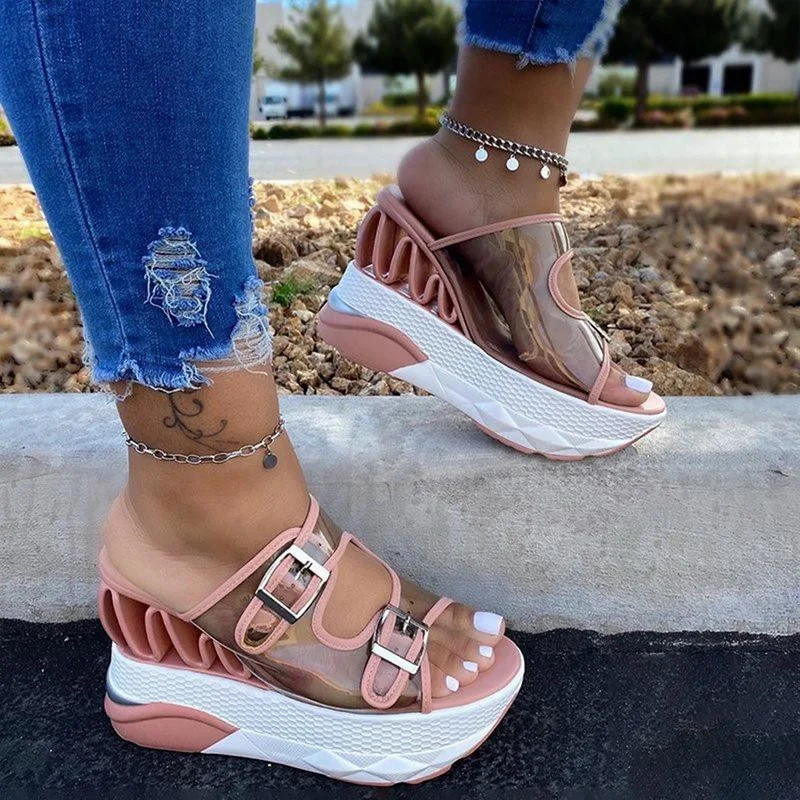 2021 Summer Woman Sandals Female Wedge Belt Buckle Transparent High Heel  Large Size Shoes Platform Waterprooof Fashion Slipper|High Heels| -  AliExpress