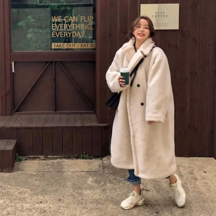 

Korean-style INS ren qi kuan Versatile Loose Warm Thick Quilted Lambs Wool Cotton Coat Long Coat