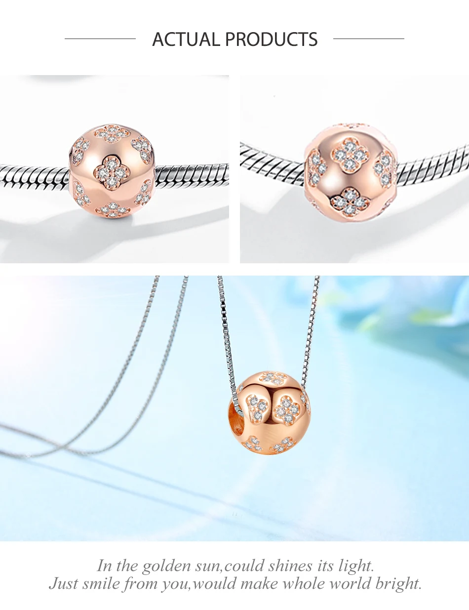 Pure 925 Sterling Silver Beads Clear CZ Rose Gold four leaf clover charms fit Original Charm Bracelet Necklace Women DIY Jewelry