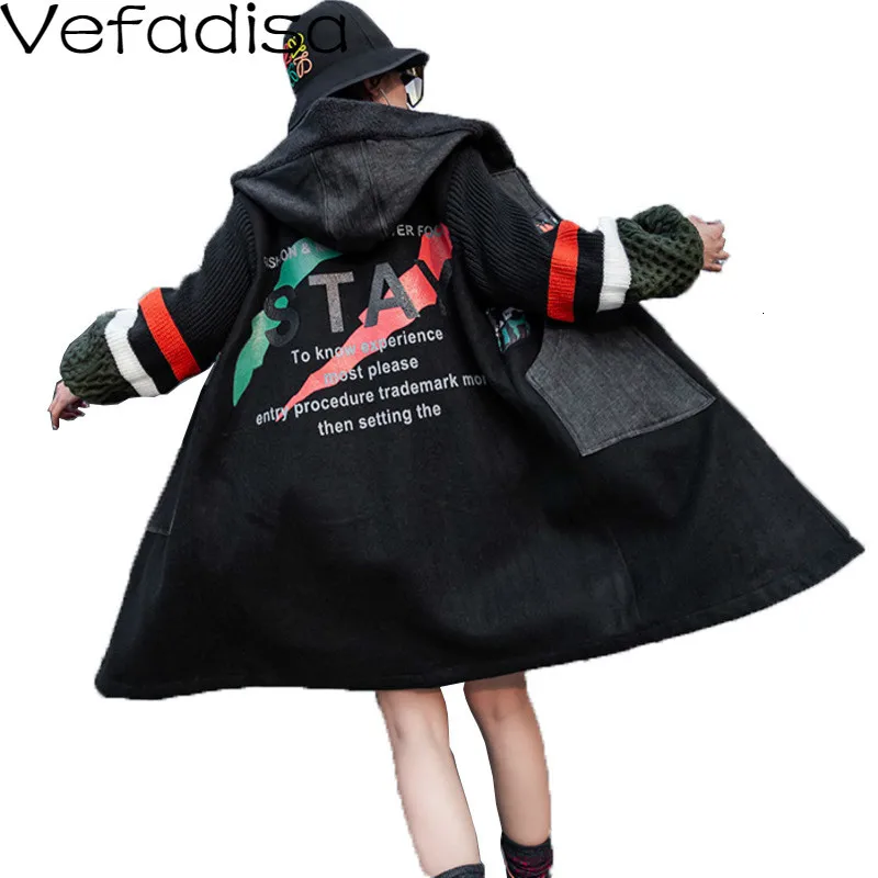 

Vefadisa Knitting Patchwork Denim Trench Woman 2019 Winter Thick Trench Coat Letter Printed Hooded Trench Loose Black QYF1243
