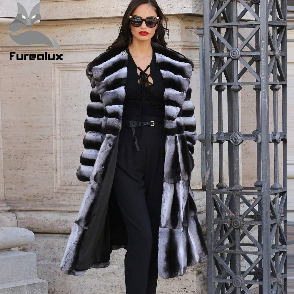 

Furealux real Chinchilla Rex Rabbit fur coat High Quality Genuine Rex Rabbit Fur coat jacket Winter With Real Fur Women Luxury