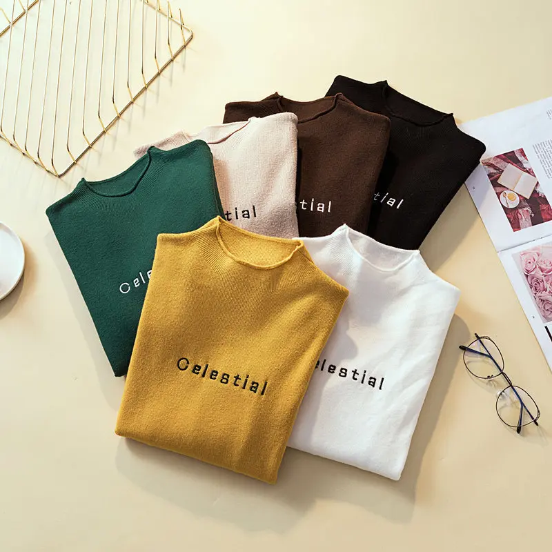 

Genayooa Turtleneck Sweater Women Pullovers Long Sleeve Women Knitting Letter Sweater Solid Women's Sweater Casual Jumper Ladies