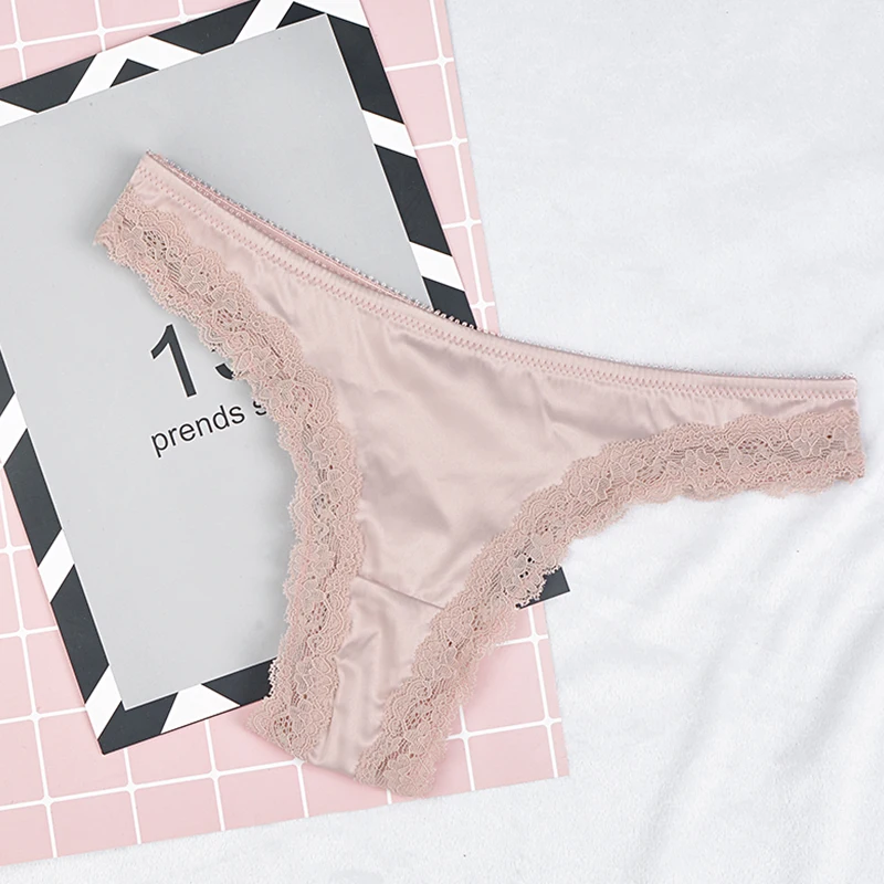 Pink Moxeay кружевные бесшовные трусики, трусики с оборками, трусики-стринги с низкой талией, женские сексуальные кружевные трусики, трусики танга из атласа - Цвет: Pink