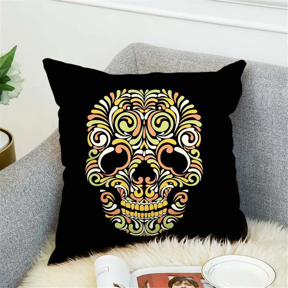 Throw Pillow Case Skull Cushion Pillow Cover Cotton Linen Pillowcase Square for Home Sofa Bed Decor 45x45cm