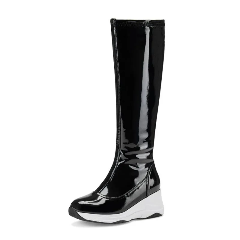 Taoffen/женские сапоги до колена на молнии высокого качества модные черные сапоги на платформе теплая зимняя обувь женские размеры 34-39 - Цвет: Черный