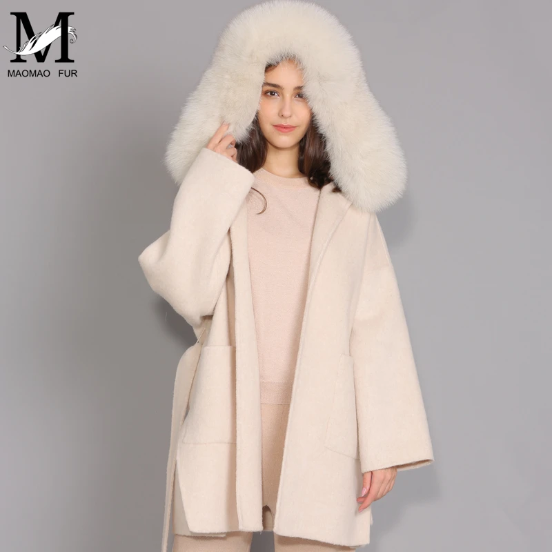 Goede Kasjmier Jas Vrouwen Afneembare Vos Bontkraag Wol Blend Jas en Jas Riem Dames Herfst Winter Kasjmier Jas