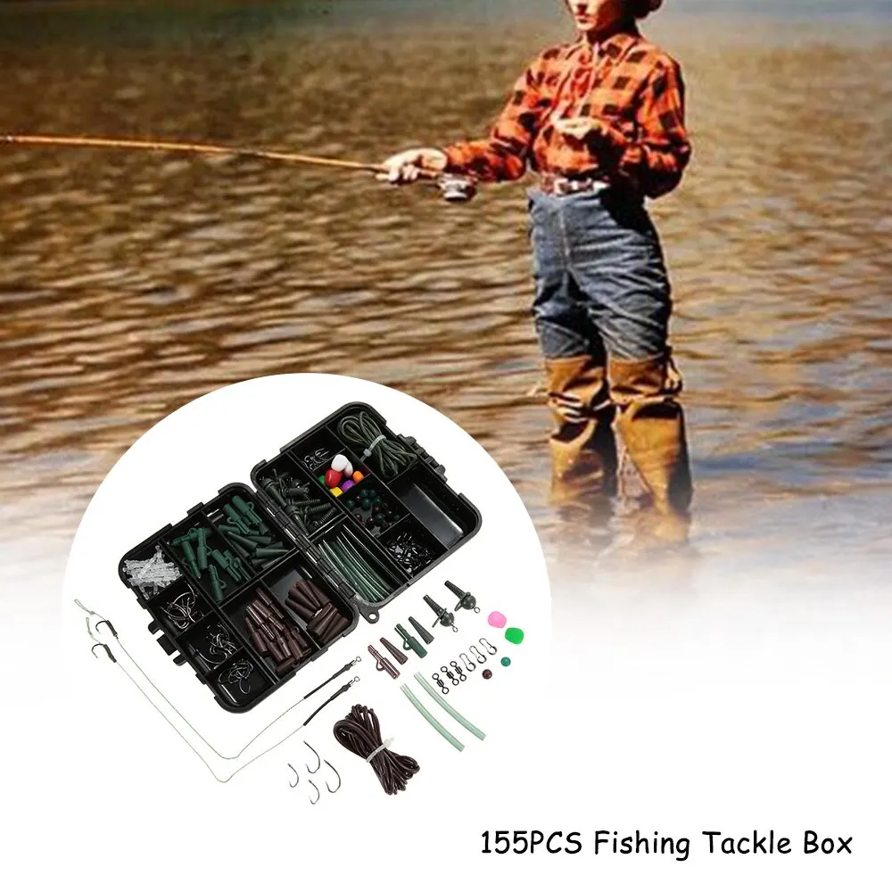 155PCS Fishing Tackle Box New Carp Weights Safety Clips Hooks Swivels Hair Rigs 6mm Rubber Beads Shrink Tubing Spiral Sleeves