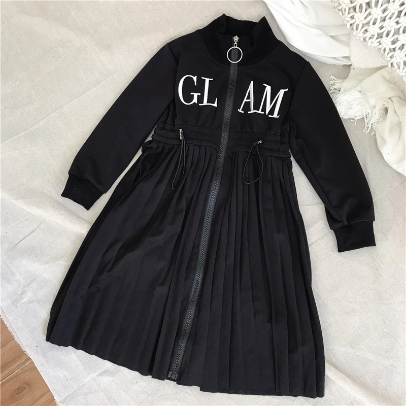 

Spring Autumn girls long jacket baby coat children outwear kids streetwear circle zipper pleated bottom letter print 3 to 12 yrs