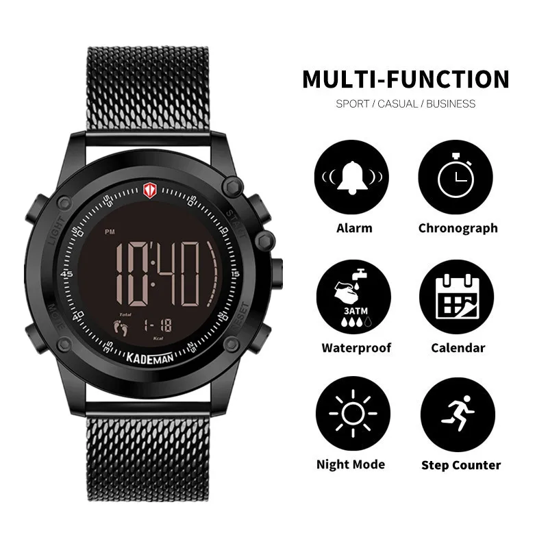 KADEMAN Military Sports Men's Watch Digital Display Waterproof Step Counter Leather Clock Top Luxur
