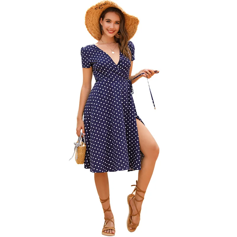 

2020 Summer Mid-length Polka-dot V-neck Printed Chiffon A-line Lace-up Short-sleeved Dress Female
