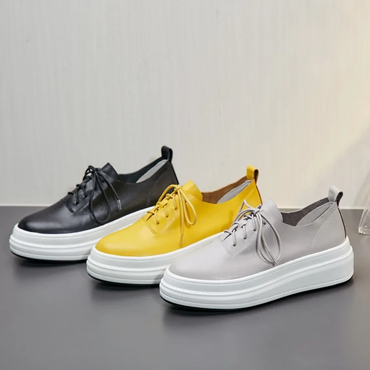 

Ozhouzhan Casual Leather Shoes Women's Thick Bottomed Loafers Lace-up Waterproof Platform Cowhide WOMEN'S Pumps Lightweight Plat