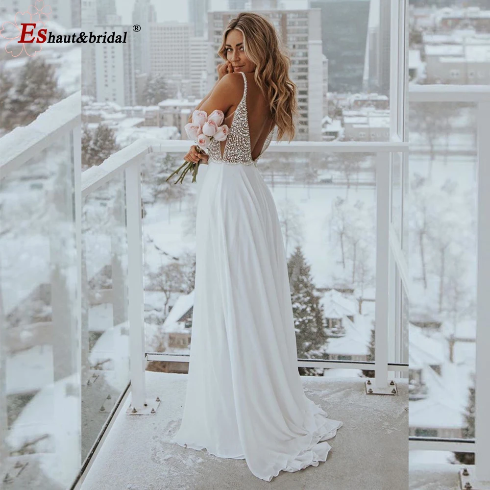 

Spaghetti Straps Beach Wedding Dress 2023 Crystal Handmade Chiffon Sweetheart A-Line Sleeveless Bridal Gown vestido de noche