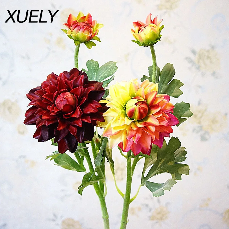 2 головки Dahlias Искусственные цветы Шелковые осенние яркие настоящие на ощупь ромашки искусственные цветы для свадебной вечеринки DIY Украшение Дома Цветочный