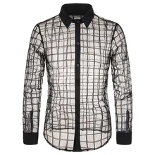 HEFLASHOR осень новая мужская повседневная прозрачная Мужская рубашка с длинным рукавом приталенная рубашка клетчатая прозрачная рубашка с отворотом размера плюс