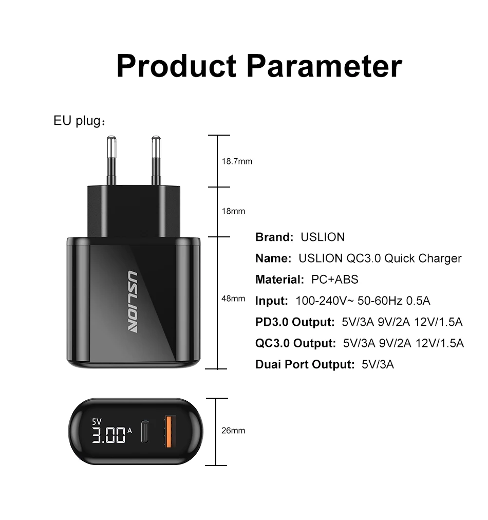 USLION Быстрая зарядка 3,0 USB быстрое зарядное устройство PD 3,0 Supercharge Быстрая зарядка для телефона зарядное устройство для Xiaomi Mi 9 8 для iPhone X XR XS Max