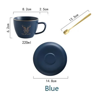 Светильник Роскошные Nordic Керамика Кофе комплект 220 мл Золото с художественным рисунком головы оленя для девочек и Кофе чашка с блюдцем Набор Европейский Стиль - Цвет: blue