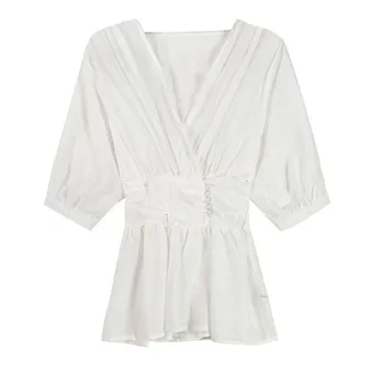 

Women Solid Slim Waist Short Sleeve Chiffon Blouse Women Casual V-Neck Blouses Shirts 2019 New Fashion Chic Shirts Tops