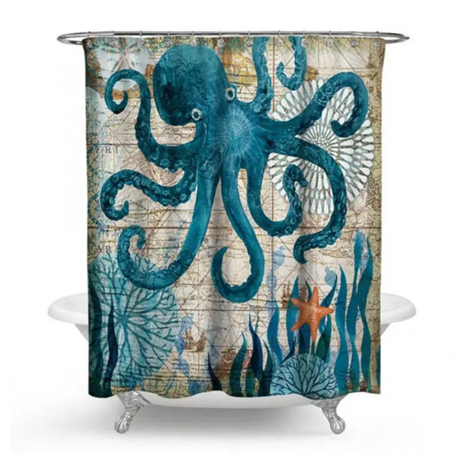 Ocean Sea Theme Printed Shower Curtain& Waterproof Non-slip Bathroom Curtain and Mat Rug Set Bathroom Accessories