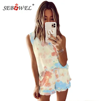

SEBOWEL Summer Casual Women Vest Shorts Pajamas Suit 2020 Female Tie Dye Print Home Clothes Two-piece Sleepwear Sets S-XXL