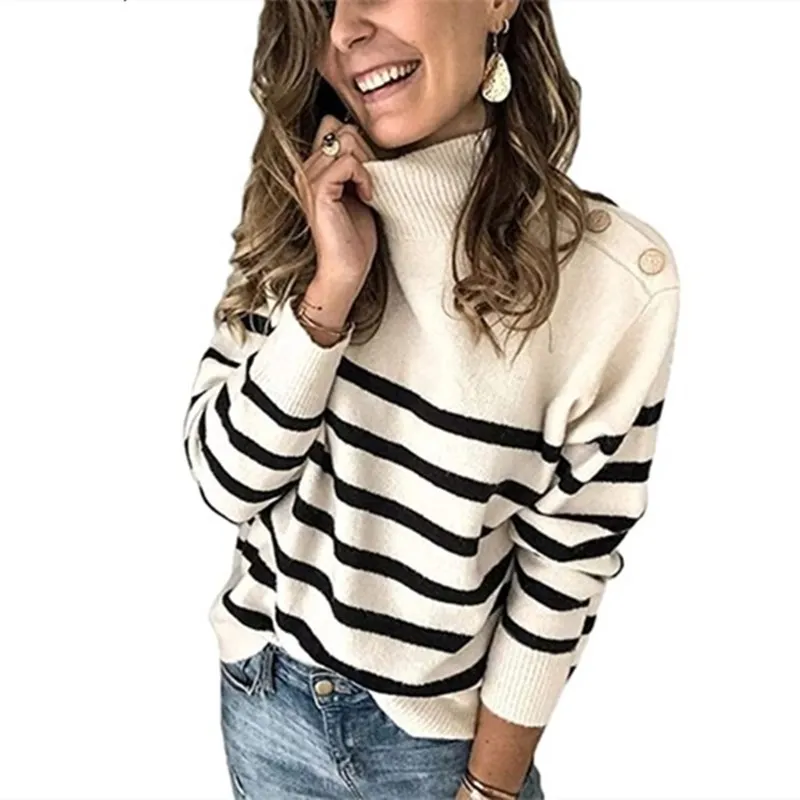 

2020 autumn and winter new Amazon sweater turtleneck pullover shoulder strap buttoned striped European and sweater women