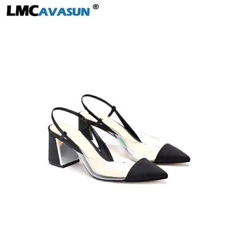 

LMCAVASUN 2020 Summer Transparent Perspex Heels Women Sandals Chunky Heels Women Shoes Pointed Toe Slingbacks Shoes