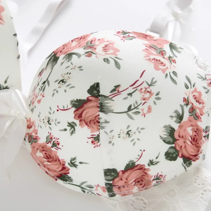 Sexy High Quality Women Print Bra set Silk Lace Flower Push up Big size Underwear Bow Bra Hollow out Panties bra and panty