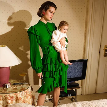 

Designer High Quality Autumn New Women'S Party Casual Vintage Elegant Long Sleeve Streamer Cascading Ruffle Green Chic Dress
