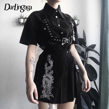 

Darlingaga Streetwear Gothic Black Pleated Skirt Women Dragon Embroidery Chinese Style High Waist Skirts Mini Short Bottom 2020