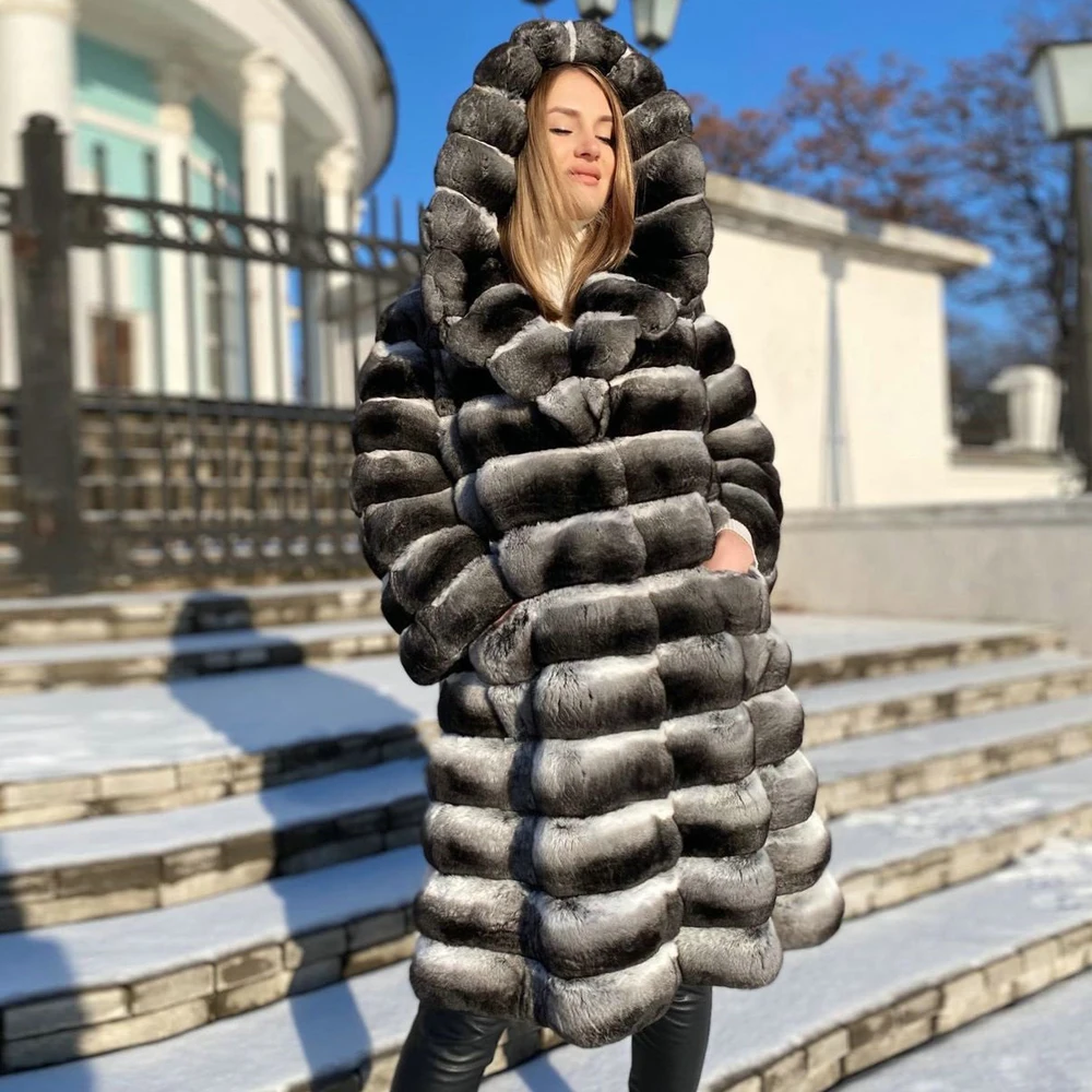 Новинка 2021, шуба FURSARCAR из цельной кожи из меха норки для женщин, длиной 120 см, куртка из натурального синего меха норки с капюшоном, зимние шубы