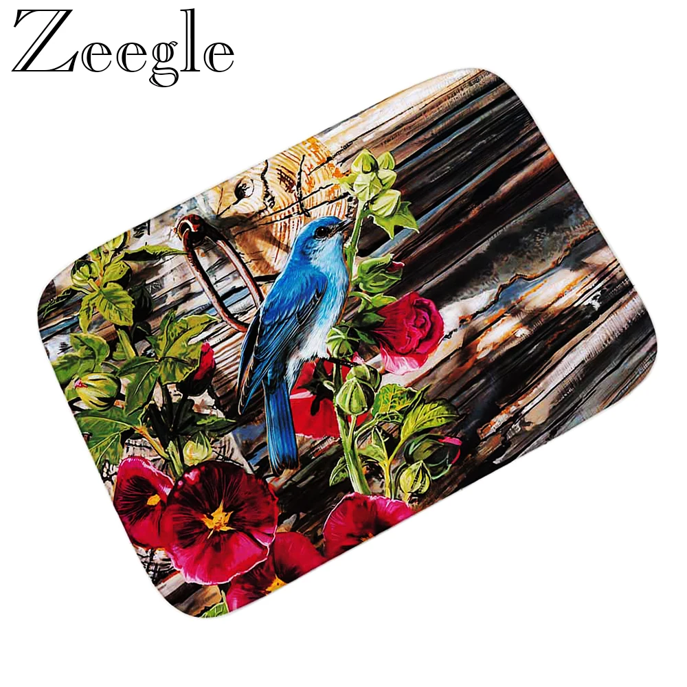 Bird Pattern Floral Floor Mat Flannel Doormat Entrance Doormats Absorbent Bathroom Carpet Kitchen Rug Kids Room Bedside Foot Mat