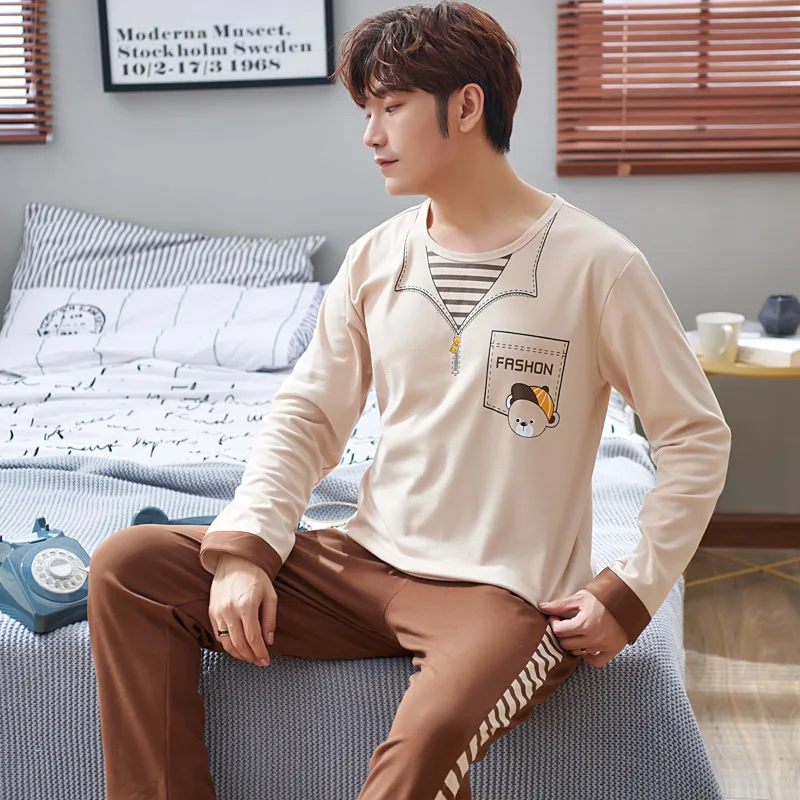 

Spring And Autumn 6535 Cotton Pajamas Men's Long Sleeve Thin Home Wear-Outer Wear Men's Young And Middle-aged Set Japanese Korea