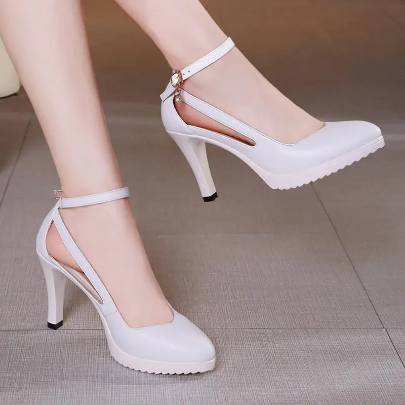 Обувь на платформе и каблуке 8 см, 11 см женские туфли-лодочки г. Весенние туфли на высоком каблуке с пряжкой, большие размеры 32-43 женские офисные свадебные туфли белого цвета - Цвет: 8cm heel white