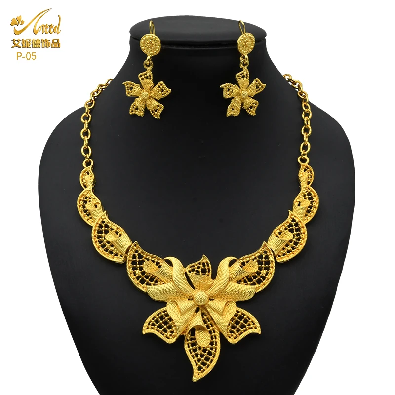 Indian Gold Plated Jewelry Set For Women African Bridal Gold Necklace And Earrings Set Dubai 24K Nigerian Wedding Jewellery