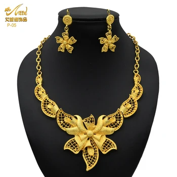 Indian Gold Plated Jewelry Set For Women African Bridal Gold Necklace And Earrings Set Dubai 24K Nigerian Wedding Jewellery