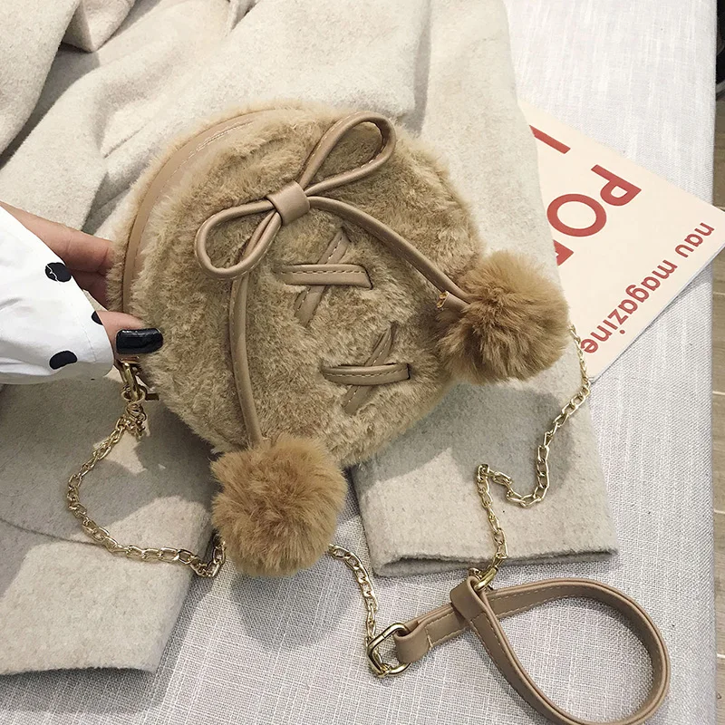 Round Faux Fur Cute Pu Leather Fashion Women Shoulder Bag Crossbody Bag Purses and Handbags Femael Bolsa Tote Bag Clutch Bag