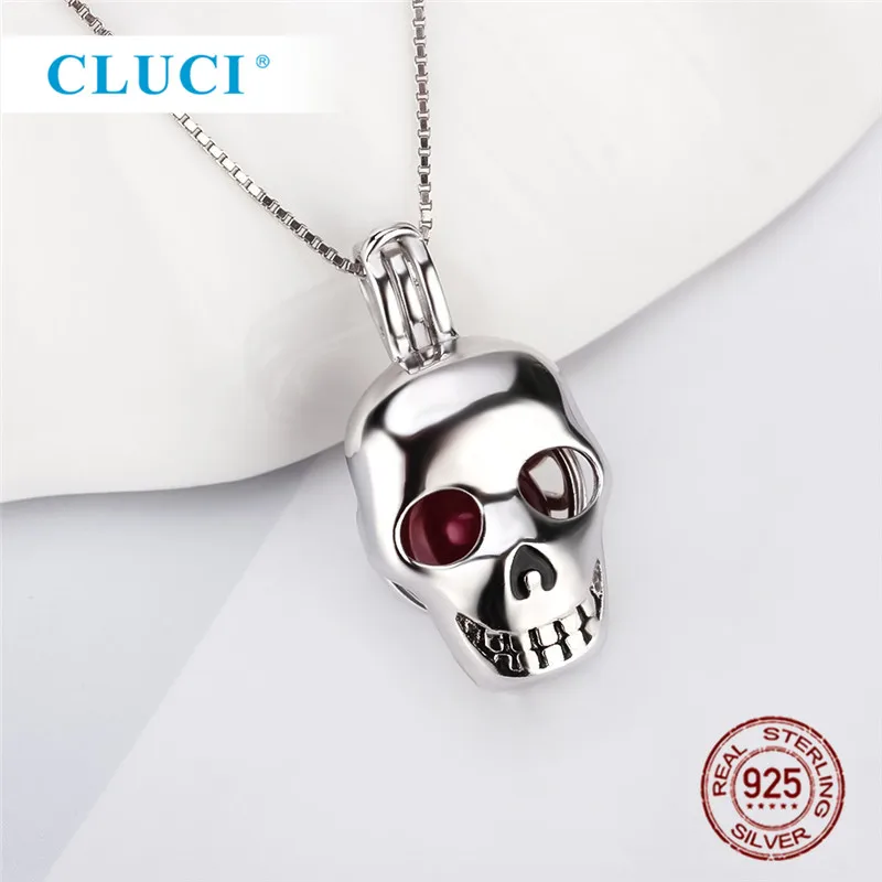 CLUCI 925 пробы Серебряные Подвески Череп жемчужная клетка медальон кулон для ожерелья для женщин подарок на Хэллоуин
