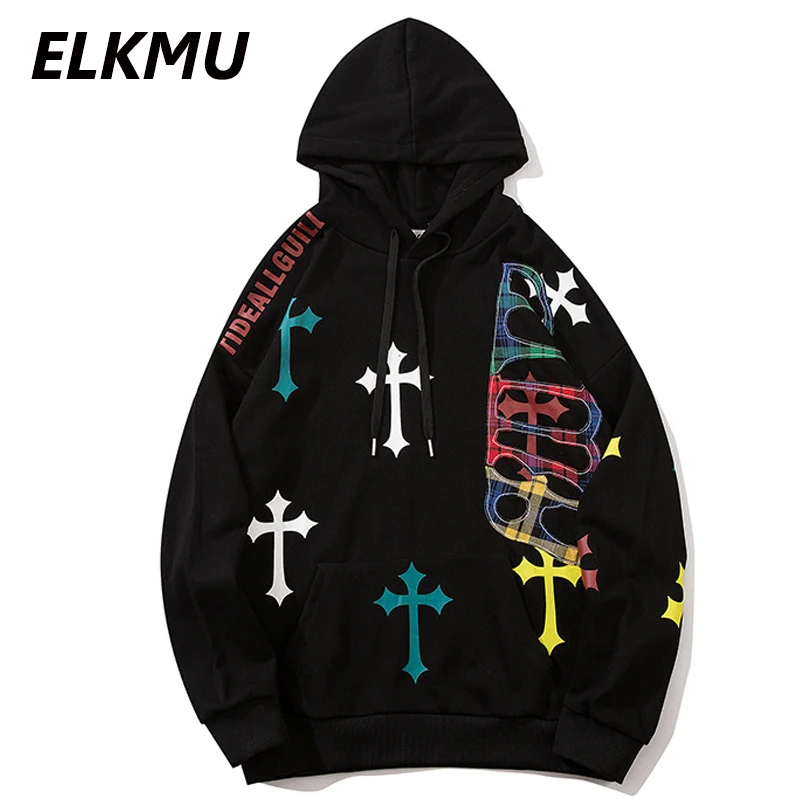 Толстовка ELKMU мужская с капюшоном уличная одежда в стиле хип хоп свитшот перекрестным принтом Харадзюку