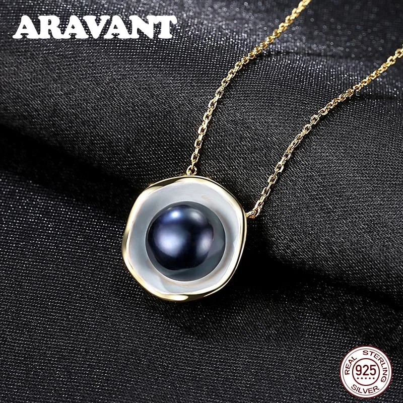 

Gold Color Chains Charm Design White Black Pearl Necklaces Jewelry Natural Pearls Pendant 925 Sterling Silver Necklace