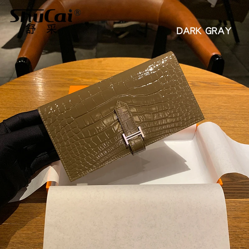 DARK GRAY Модные кошельки из натуральной кожи, Женский кошелек, Длинный кошелек для монет, Женский однотонный кожаный кошелек с застежкой, женский клатч, держатель для карт, кошелек - Цвет: DARK GRAY
