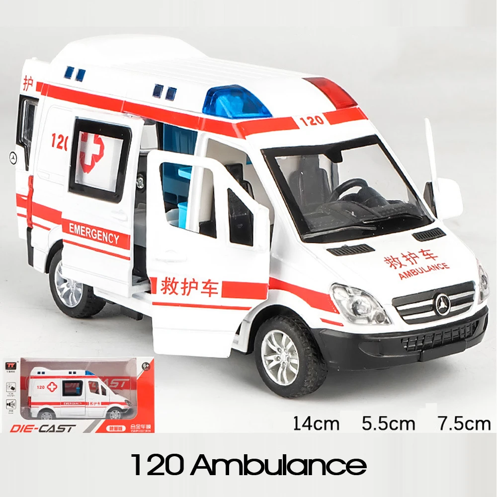

1:32 Hospital Rescue Ambulance car Police Cars Model Pull Back Sound and Light Alloy Diecast car toys for children gift With Box