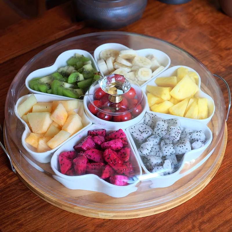 Новая белая круглая керамическая тарелка из цельного дерева, фруктовая конфетная гайка, ювелирный дисплей, пылезащитная тарелка для закусок в гостиную - Цвет: H